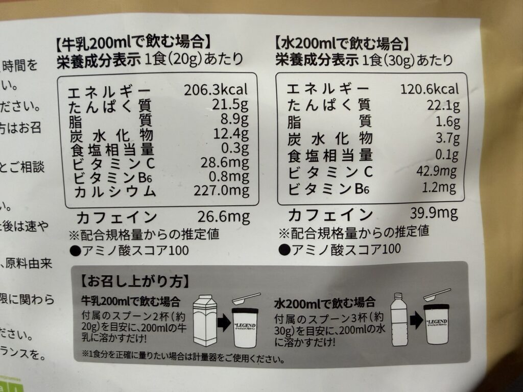 白バラコーヒー風味の牛乳割りと水割りの栄養成分表示